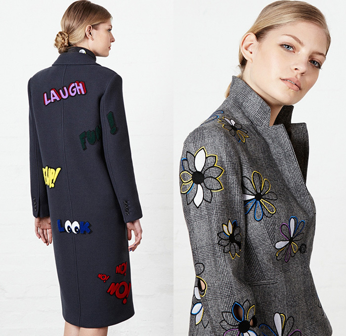 Mira Mikati 2015-2016 Fall Autumn Winter Womens Lookbook Presentation - Denim Jeans Pop Art Embroidery Patches Cartoon Flowers Drawstring Bomber Jacket Eyes Flag Sneakers Cartoon Faces Outerwear Coat Blazer Knit Sweater Jumper Turtleneck Clip Art Grid Windowpane Check Ice Cream Joystick Hearts Pantsuit Flowers Florals Botanical Print Graphic Pattern Skirt Frock Shirt Dress Stripes Pixels Laugh Leather