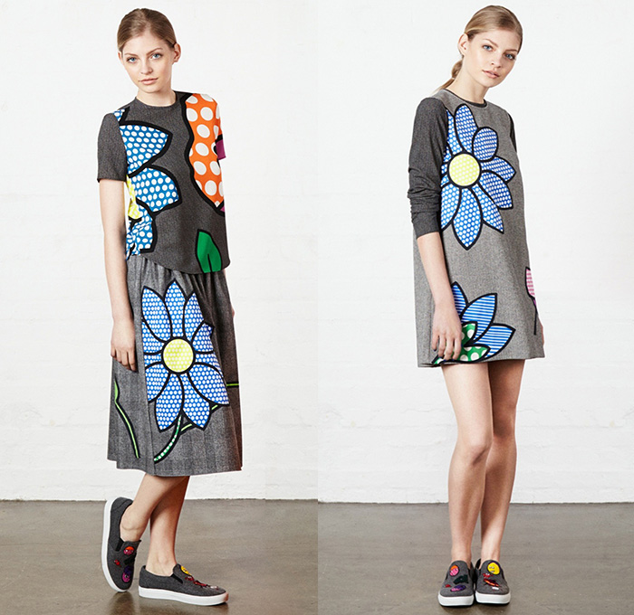 Mira Mikati 2015-2016 Fall Autumn Winter Womens Lookbook Presentation - Denim Jeans Pop Art Embroidery Patches Cartoon Flowers Drawstring Bomber Jacket Eyes Flag Sneakers Cartoon Faces Outerwear Coat Blazer Knit Sweater Jumper Turtleneck Clip Art Grid Windowpane Check Ice Cream Joystick Hearts Pantsuit Flowers Florals Botanical Print Graphic Pattern Skirt Frock Shirt Dress Stripes Pixels Laugh Leather