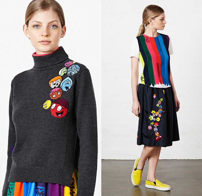 Mira Mikati 2015-2016 Fall Autumn Winter Womens Lookbook Presentation - Denim Jeans Pop Art Embroidery Patches Cartoon Flowers Drawstring Bomber Jacket Eyes Flag Sneakers Cartoon Faces Outerwear Coat Blazer Knit Sweater Jumper Turtleneck Clip Art Grid Windowpane Check Ice Cream Joystick Hearts Pantsuit Flowers Florals Botanical Print Graphic Pattern Skirt Frock Shirt Dress Stripes Pixels Laugh Leather