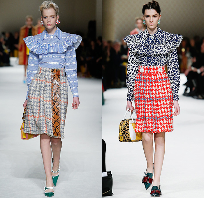 Miu Miu 2015-2016 Fall Autumn Winter Womens Runway Catwalk Looks - Mode à Paris Fashion Week Mode Féminin France Miuccia Prada - Snake Python Reptile Coatdress Ruffles Houndstooth Plaid Tartan Stripes Chunky Knit Tweed Sweater Jumper Blouse Big Buttons Necklace Handbag Multi-Panel Skirt Frock Layers Pinafore Dress Embossed Engraved Outerwear Trench Coat