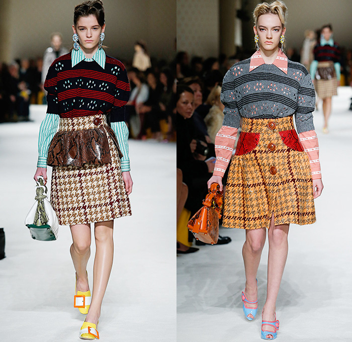 Miu Miu 2015-2016 Fall Autumn Winter Womens Runway Catwalk Looks - Mode à Paris Fashion Week Mode Féminin France Miuccia Prada - Snake Python Reptile Coatdress Ruffles Houndstooth Plaid Tartan Stripes Chunky Knit Tweed Sweater Jumper Blouse Big Buttons Necklace Handbag Multi-Panel Skirt Frock Layers Pinafore Dress Embossed Engraved Outerwear Trench Coat