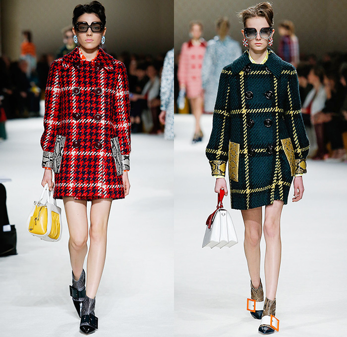 Miu Miu 2015-2016 Fall Autumn Winter Womens Runway Catwalk Looks - Mode à Paris Fashion Week Mode Féminin France Miuccia Prada - Snake Python Reptile Coatdress Ruffles Houndstooth Plaid Tartan Stripes Chunky Knit Tweed Sweater Jumper Blouse Big Buttons Necklace Handbag Multi-Panel Skirt Frock Layers Pinafore Dress Embossed Engraved Outerwear Trench Coat