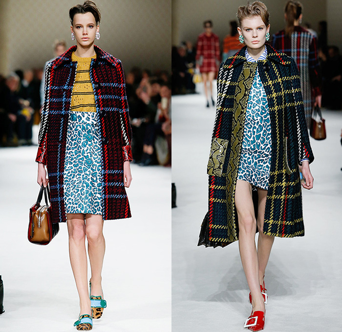 Miu Miu 2015-2016 Fall Autumn Winter Womens Runway Catwalk Looks - Mode à Paris Fashion Week Mode Féminin France Miuccia Prada - Snake Python Reptile Coatdress Ruffles Houndstooth Plaid Tartan Stripes Chunky Knit Tweed Sweater Jumper Blouse Big Buttons Necklace Handbag Multi-Panel Skirt Frock Layers Pinafore Dress Embossed Engraved Outerwear Trench Coat