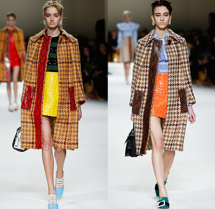 Miu Miu 2015-2016 Fall Autumn Winter Womens Runway Catwalk Looks - Mode à Paris Fashion Week Mode Féminin France Miuccia Prada - Snake Python Reptile Coatdress Ruffles Houndstooth Plaid Tartan Stripes Chunky Knit Tweed Sweater Jumper Blouse Big Buttons Necklace Handbag Multi-Panel Skirt Frock Layers Pinafore Dress Embossed Engraved Outerwear Trench Coat