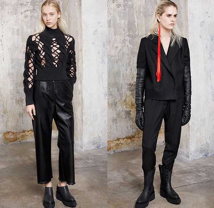 MM6 Maison Martin Margiela 2015-2016 Fall Autumn Winter Womens Lookbook Presentation - Mode à Paris Fashion Week Mode Féminin France - Denim Jeans Elongated Sleeves Knit Lace Sweater Jumper Outerwear Coat Shorts Motorcycle Biker Gloves Vest Waistcoat Crop Top Midriff Oversized Turtleneck Velvet Wide Leg Palazzo Pants Trousers Coatdress Neon Shearling Zipper Corset Wrap Jumpsuit Salopette Tuxedo Jacket