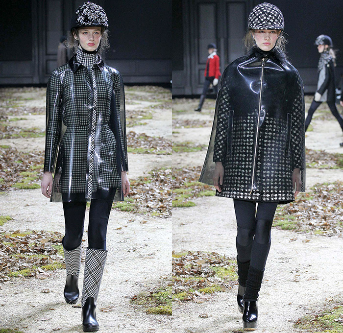 Moncler Gamme Rouge 2015-2016 Fall Autumn Winter Womens Runway Catwalk Looks - Mode à Paris Fashion Week Mode Féminin France - Equestrian Horse Riding Country Tweed Checks Plaid Tartan Plastic Rainwear Chunky Knit Camouflage Shearling Furry Mohair Helmet Leggings Boots Turtleneck Embroidery Poncho Jacket Multi-Panel Vest Waistcoat Tiered Dress Moto Motorcycle Biker Rider Leather Quilted