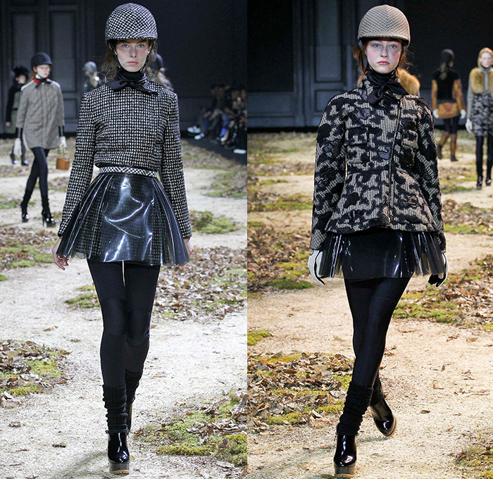 Moncler Gamme Rouge 2015-2016 Fall Autumn Winter Womens Runway Catwalk Looks - Mode à Paris Fashion Week Mode Féminin France - Equestrian Horse Riding Country Tweed Checks Plaid Tartan Plastic Rainwear Chunky Knit Camouflage Shearling Furry Mohair Helmet Leggings Boots Turtleneck Embroidery Poncho Jacket Multi-Panel Vest Waistcoat Tiered Dress Moto Motorcycle Biker Rider Leather Quilted