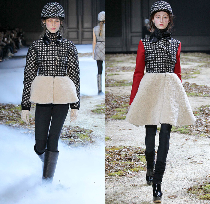 Moncler Gamme Rouge 2015-2016 Fall Autumn Winter Womens Runway Catwalk Looks - Mode à Paris Fashion Week Mode Féminin France - Equestrian Horse Riding Country Tweed Checks Plaid Tartan Plastic Rainwear Chunky Knit Camouflage Shearling Furry Mohair Helmet Leggings Boots Turtleneck Embroidery Poncho Jacket Multi-Panel Vest Waistcoat Tiered Dress Moto Motorcycle Biker Rider Leather Quilted