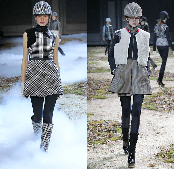 Moncler Gamme Rouge 2015-2016 Fall Autumn Winter Womens Runway Catwalk Looks - Mode à Paris Fashion Week Mode Féminin France - Equestrian Horse Riding Country Tweed Checks Plaid Tartan Plastic Rainwear Chunky Knit Camouflage Shearling Furry Mohair Helmet Leggings Boots Turtleneck Embroidery Poncho Jacket Multi-Panel Vest Waistcoat Tiered Dress Moto Motorcycle Biker Rider Leather Quilted