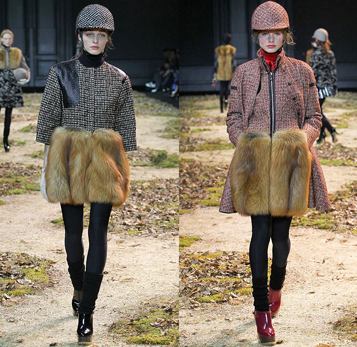 Moncler Gamme Rouge 2015-2016 Fall Autumn Winter Womens Runway Catwalk Looks - Mode à Paris Fashion Week Mode Féminin France - Equestrian Horse Riding Country Tweed Checks Plaid Tartan Plastic Rainwear Chunky Knit Camouflage Shearling Furry Mohair Helmet Leggings Boots Turtleneck Embroidery Poncho Jacket Multi-Panel Vest Waistcoat Tiered Dress Moto Motorcycle Biker Rider Leather Quilted