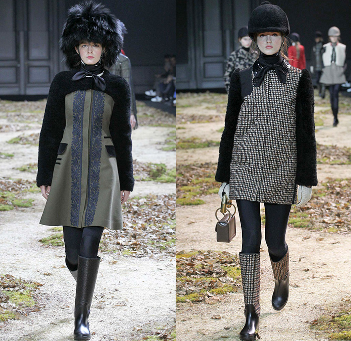 Moncler Gamme Rouge 2015-2016 Fall Autumn Winter Womens Runway Catwalk Looks - Mode à Paris Fashion Week Mode Féminin France - Equestrian Horse Riding Country Tweed Checks Plaid Tartan Plastic Rainwear Chunky Knit Camouflage Shearling Furry Mohair Helmet Leggings Boots Turtleneck Embroidery Poncho Jacket Multi-Panel Vest Waistcoat Tiered Dress Moto Motorcycle Biker Rider Leather Quilted