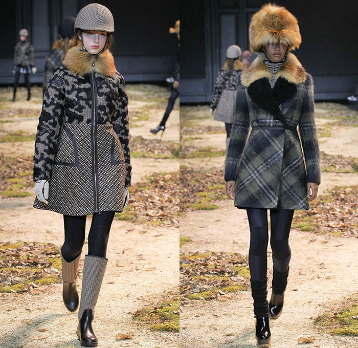 Moncler Gamme Rouge 2015-2016 Fall Autumn Winter Womens Runway Catwalk Looks - Mode à Paris Fashion Week Mode Féminin France - Equestrian Horse Riding Country Tweed Checks Plaid Tartan Plastic Rainwear Chunky Knit Camouflage Shearling Furry Mohair Helmet Leggings Boots Turtleneck Embroidery Poncho Jacket Multi-Panel Vest Waistcoat Tiered Dress Moto Motorcycle Biker Rider Leather Quilted