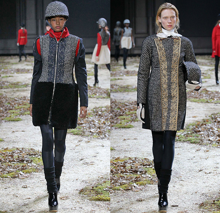 Moncler Gamme Rouge 2015-2016 Fall Autumn Winter Womens Runway Catwalk Looks - Mode à Paris Fashion Week Mode Féminin France - Equestrian Horse Riding Country Tweed Checks Plaid Tartan Plastic Rainwear Chunky Knit Camouflage Shearling Furry Mohair Helmet Leggings Boots Turtleneck Embroidery Poncho Jacket Multi-Panel Vest Waistcoat Tiered Dress Moto Motorcycle Biker Rider Leather Quilted