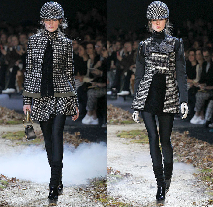 Moncler Gamme Rouge 2015-2016 Fall Autumn Winter Womens Runway Catwalk Looks - Mode à Paris Fashion Week Mode Féminin France - Equestrian Horse Riding Country Tweed Checks Plaid Tartan Plastic Rainwear Chunky Knit Camouflage Shearling Furry Mohair Helmet Leggings Boots Turtleneck Embroidery Poncho Jacket Multi-Panel Vest Waistcoat Tiered Dress Moto Motorcycle Biker Rider Leather Quilted