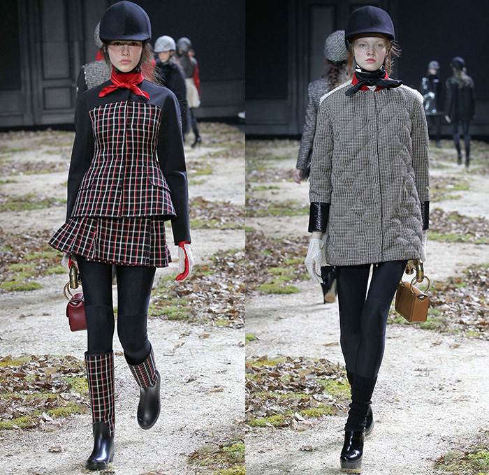 Moncler Gamme Rouge 2015-2016 Fall Autumn Winter Womens Runway Catwalk Looks - Mode à Paris Fashion Week Mode Féminin France - Equestrian Horse Riding Country Tweed Checks Plaid Tartan Plastic Rainwear Chunky Knit Camouflage Shearling Furry Mohair Helmet Leggings Boots Turtleneck Embroidery Poncho Jacket Multi-Panel Vest Waistcoat Tiered Dress Moto Motorcycle Biker Rider Leather Quilted