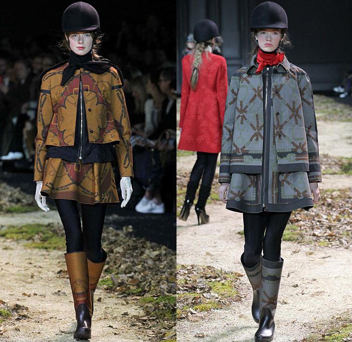 Moncler Gamme Rouge 2015-2016 Fall Autumn Winter Womens Runway Catwalk Looks - Mode à Paris Fashion Week Mode Féminin France - Equestrian Horse Riding Country Tweed Checks Plaid Tartan Plastic Rainwear Chunky Knit Camouflage Shearling Furry Mohair Helmet Leggings Boots Turtleneck Embroidery Poncho Jacket Multi-Panel Vest Waistcoat Tiered Dress Moto Motorcycle Biker Rider Leather Quilted