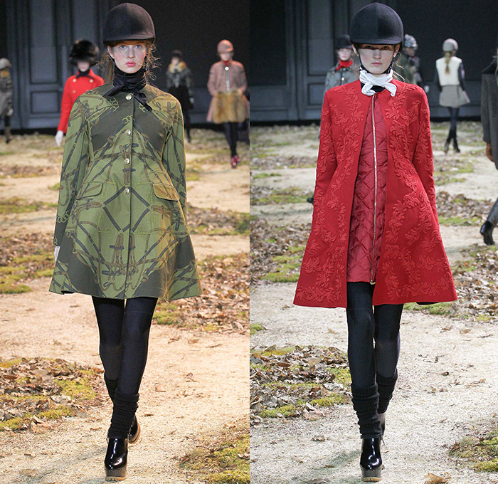 Moncler Gamme Rouge 2015-2016 Fall Autumn Winter Womens Runway Catwalk Looks - Mode à Paris Fashion Week Mode Féminin France - Equestrian Horse Riding Country Tweed Checks Plaid Tartan Plastic Rainwear Chunky Knit Camouflage Shearling Furry Mohair Helmet Leggings Boots Turtleneck Embroidery Poncho Jacket Multi-Panel Vest Waistcoat Tiered Dress Moto Motorcycle Biker Rider Leather Quilted