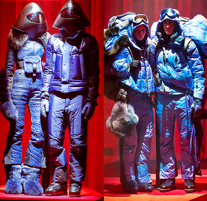 Moncler Grenoble 2015-2016 Fall Autumn Winter Mens Womens Lookbook Presentation - New York Fashion Week NYFW - Love Factory Romance Valentine's Day Lovers Aspen Snow Outdoor Sports Norwegian Knit Helmet Gloves Outerwear Quilted Jacket Coat Backpack Goggles Waist Pouch Fanny Pack Hoodie Stripes Checks Plaid Blazer Gown Sweater Jumper Pants Trousers Ski Snowboard Hiking Surf Ice Skater BMX Fishing