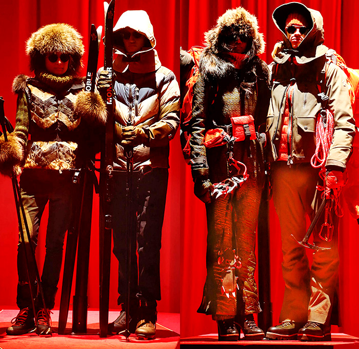 Moncler Grenoble 2015-2016 Fall Autumn Winter Mens Womens Lookbook Presentation - New York Fashion Week NYFW - Love Factory Romance Valentine's Day Lovers Aspen Snow Outdoor Sports Norwegian Knit Helmet Gloves Outerwear Quilted Jacket Coat Backpack Goggles Waist Pouch Fanny Pack Hoodie Stripes Checks Plaid Blazer Gown Sweater Jumper Pants Trousers Ski Snowboard Hiking Surf Ice Skater BMX Fishing