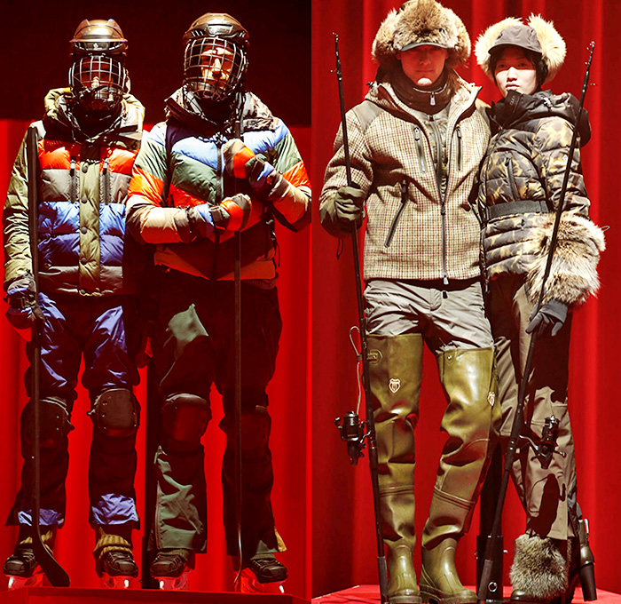 Moncler Grenoble 2015-2016 Fall Autumn Winter Mens Womens Lookbook Presentation - New York Fashion Week NYFW - Love Factory Romance Valentine's Day Lovers Aspen Snow Outdoor Sports Norwegian Knit Helmet Gloves Outerwear Quilted Jacket Coat Backpack Goggles Waist Pouch Fanny Pack Hoodie Stripes Checks Plaid Blazer Gown Sweater Jumper Pants Trousers Ski Snowboard Hiking Surf Ice Skater BMX Fishing