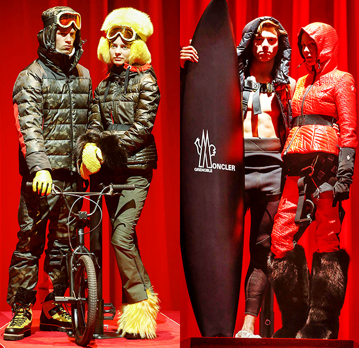 Moncler Grenoble 2015-2016 Fall Autumn Winter Mens Womens Lookbook Presentation - New York Fashion Week NYFW - Love Factory Romance Valentine's Day Lovers Aspen Snow Outdoor Sports Norwegian Knit Helmet Gloves Outerwear Quilted Jacket Coat Backpack Goggles Waist Pouch Fanny Pack Hoodie Stripes Checks Plaid Blazer Gown Sweater Jumper Pants Trousers Ski Snowboard Hiking Surf Ice Skater BMX Fishing