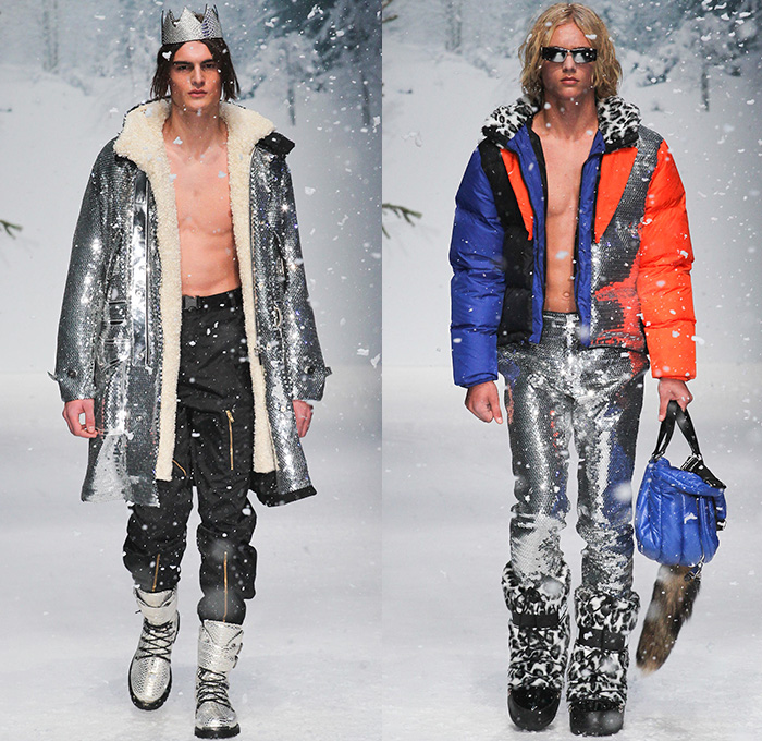 Moschino 2015-2016 Fall Autumn Winter Mens Runway Catwalk Looks - London Collections: Men British Fashion Council UK United Kingdom - Denim Jeans Furry Parka Metallic Leopard Reptile Snowboarder Boots Shearling Sequins Tartan Knit Sheepskin Lurex Jersey Cable Knit Long Johns Cardigan Sweater Jumper Digital Print Graphic Zebra Plaid Puffer Jumpsuit Overalls Blazer Flowers Florals Jogger Coat Robe Shorts Sleepwear