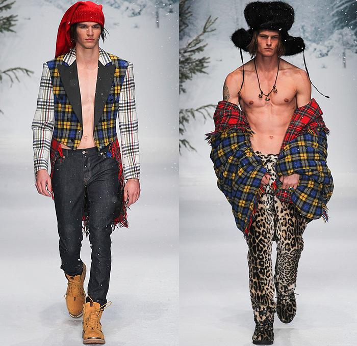 Moschino 2015-2016 Fall Autumn Winter Mens Runway Catwalk Looks - London Collections: Men British Fashion Council UK United Kingdom - Denim Jeans Furry Parka Metallic Leopard Reptile Snowboarder Boots Shearling Sequins Tartan Knit Sheepskin Lurex Jersey Cable Knit Long Johns Cardigan Sweater Jumper Digital Print Graphic Zebra Plaid Puffer Jumpsuit Overalls Blazer Flowers Florals Jogger Coat Robe Shorts Sleepwear