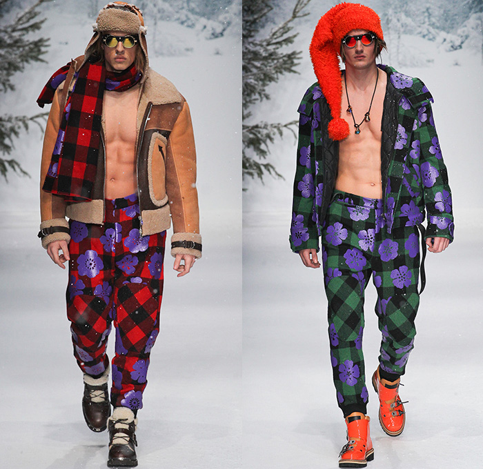 Moschino 2015-2016 Fall Autumn Winter Mens Runway Catwalk Looks - London Collections: Men British Fashion Council UK United Kingdom - Denim Jeans Furry Parka Metallic Leopard Reptile Snowboarder Boots Shearling Sequins Tartan Knit Sheepskin Lurex Jersey Cable Knit Long Johns Cardigan Sweater Jumper Digital Print Graphic Zebra Plaid Puffer Jumpsuit Overalls Blazer Flowers Florals Jogger Coat Robe Shorts Sleepwear