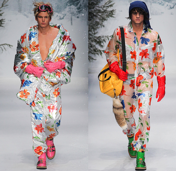 Moschino 2015-2016 Fall Autumn Winter Mens Runway Catwalk Looks - London Collections: Men British Fashion Council UK United Kingdom - Denim Jeans Furry Parka Metallic Leopard Reptile Snowboarder Boots Shearling Sequins Tartan Knit Sheepskin Lurex Jersey Cable Knit Long Johns Cardigan Sweater Jumper Digital Print Graphic Zebra Plaid Puffer Jumpsuit Overalls Blazer Flowers Florals Jogger Coat Robe Shorts Sleepwear