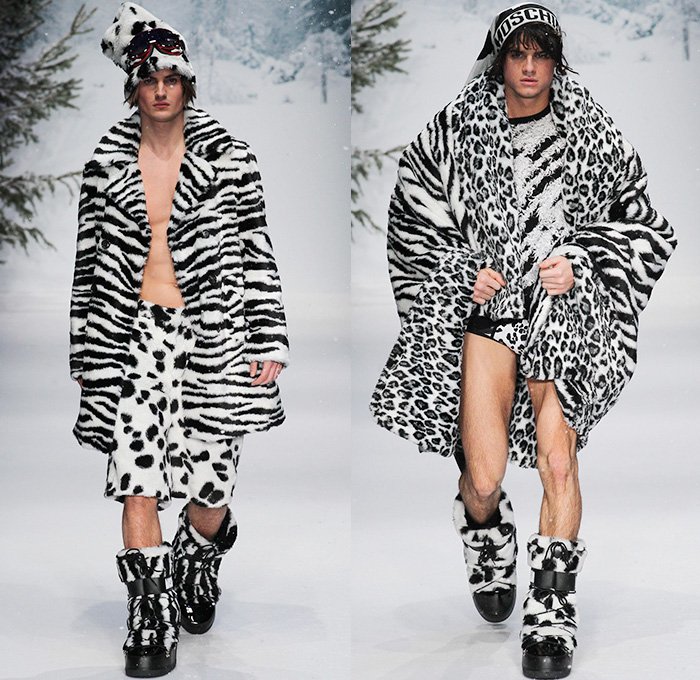 Moschino 2015-2016 Fall Autumn Winter Mens Runway Catwalk Looks - London Collections: Men British Fashion Council UK United Kingdom - Denim Jeans Furry Parka Metallic Leopard Reptile Snowboarder Boots Shearling Sequins Tartan Knit Sheepskin Lurex Jersey Cable Knit Long Johns Cardigan Sweater Jumper Digital Print Graphic Zebra Plaid Puffer Jumpsuit Overalls Blazer Flowers Florals Jogger Coat Robe Shorts Sleepwear