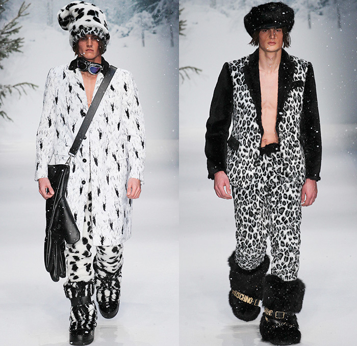 Moschino 2015-2016 Fall Autumn Winter Mens Runway Catwalk Looks - London Collections: Men British Fashion Council UK United Kingdom - Denim Jeans Furry Parka Metallic Leopard Reptile Snowboarder Boots Shearling Sequins Tartan Knit Sheepskin Lurex Jersey Cable Knit Long Johns Cardigan Sweater Jumper Digital Print Graphic Zebra Plaid Puffer Jumpsuit Overalls Blazer Flowers Florals Jogger Coat Robe Shorts Sleepwear