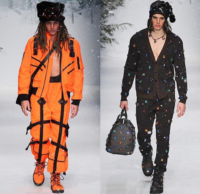 Moschino 2015-2016 Fall Autumn Winter Mens Runway Catwalk Looks - London Collections: Men British Fashion Council UK United Kingdom - Denim Jeans Furry Parka Metallic Leopard Reptile Snowboarder Boots Shearling Sequins Tartan Knit Sheepskin Lurex Jersey Cable Knit Long Johns Cardigan Sweater Jumper Digital Print Graphic Zebra Plaid Puffer Jumpsuit Overalls Blazer Flowers Florals Jogger Coat Robe Shorts Sleepwear