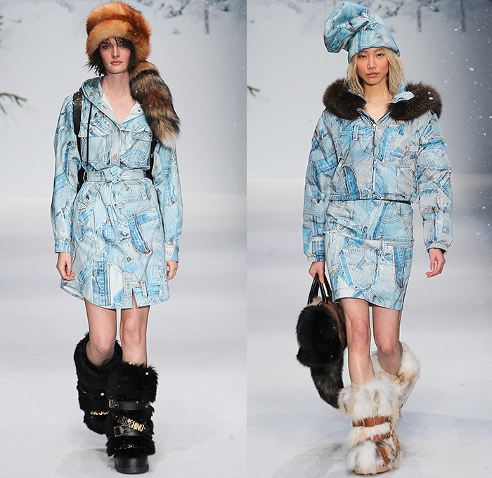 Moschino 2015-2016 Fall Autumn Winter Womens Runway Catwalk Looks - London Collections: Men British Fashion Council UK United Kingdom - Denim Print Jeans Shirtdress Furry Tartan Shearling Coat Metallic Pseudo Denim Print Look Rabbit's Foot Hoodie Miniskirt Beanie Boots Scarf Fanny Pack Waist Pouch Plaid Check Frayed Raw Hem Outerwear Coatdress Loungewear Sleepwear Crop Top Bikini Midriff Slouchy Silver Leggings