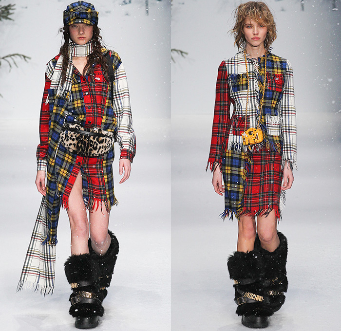 Moschino 2015-2016 Fall Autumn Winter Womens Runway Catwalk Looks - London Collections: Men British Fashion Council UK United Kingdom - Denim Print Jeans Shirtdress Furry Tartan Shearling Coat Metallic Pseudo Denim Print Look Rabbit's Foot Hoodie Miniskirt Beanie Boots Scarf Fanny Pack Waist Pouch Plaid Check Frayed Raw Hem Outerwear Coatdress Loungewear Sleepwear Crop Top Bikini Midriff Slouchy Silver Leggings