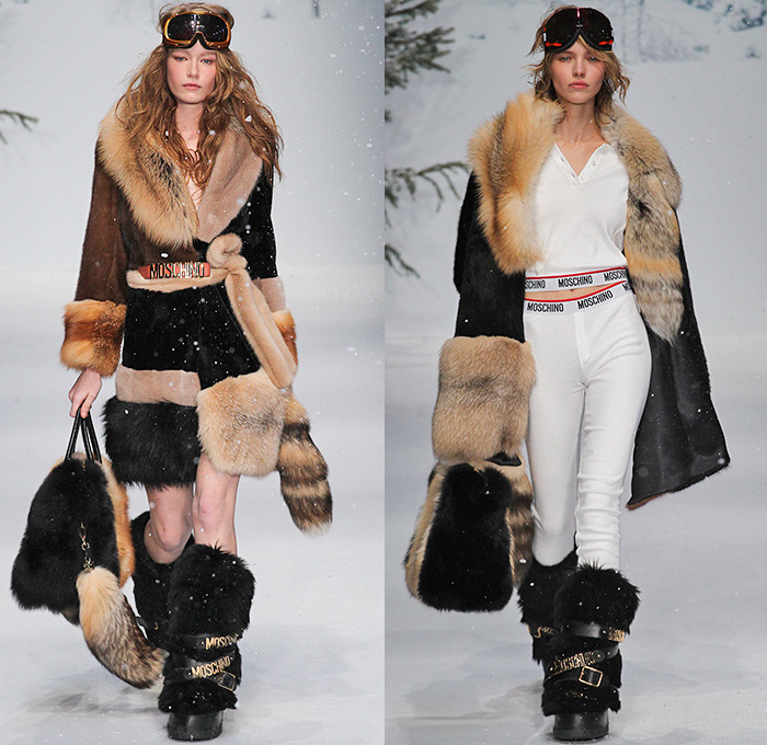 Moschino 2015-2016 Fall Autumn Winter Womens Runway Catwalk Looks - London Collections: Men British Fashion Council UK United Kingdom - Denim Print Jeans Shirtdress Furry Tartan Shearling Coat Metallic Pseudo Denim Print Look Rabbit's Foot Hoodie Miniskirt Beanie Boots Scarf Fanny Pack Waist Pouch Plaid Check Frayed Raw Hem Outerwear Coatdress Loungewear Sleepwear Crop Top Bikini Midriff Slouchy Silver Leggings