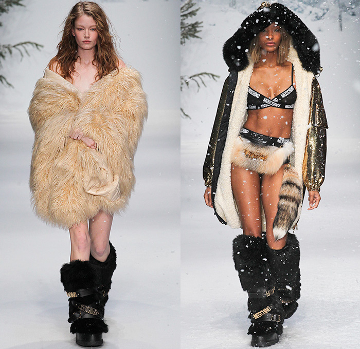 Moschino 2015-2016 Fall Autumn Winter Womens Runway Catwalk Looks - London Collections: Men British Fashion Council UK United Kingdom - Denim Print Jeans Shirtdress Furry Tartan Shearling Coat Metallic Pseudo Denim Print Look Rabbit's Foot Hoodie Miniskirt Beanie Boots Scarf Fanny Pack Waist Pouch Plaid Check Frayed Raw Hem Outerwear Coatdress Loungewear Sleepwear Crop Top Bikini Midriff Slouchy Silver Leggings