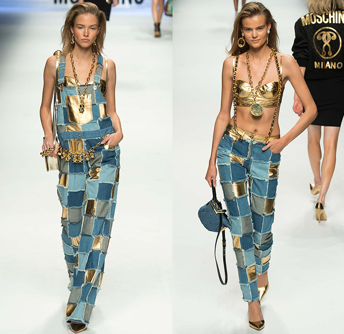 Moschino with Designer Jeremy Scott 2015-2016 Fall Autumn Winter Womens Runway Catwalk Looks - Milano Moda Donna Collezione Milan Fashion Week Italy - Reverse Denim Jeans Patchwork Puffer Quilted Jumpsuit Looney Tunes Porky Pig Daffy Duck Bugs Bunny Sylvester Foghorn Leghorn Tasmanian Devil Taz Teddy Bear Jumpsuit Overalls Romper Gold Crop Top Midriff Chain Shirtdress Camo Graffiti Jogger Sweatpants Outerwear Coat Parka