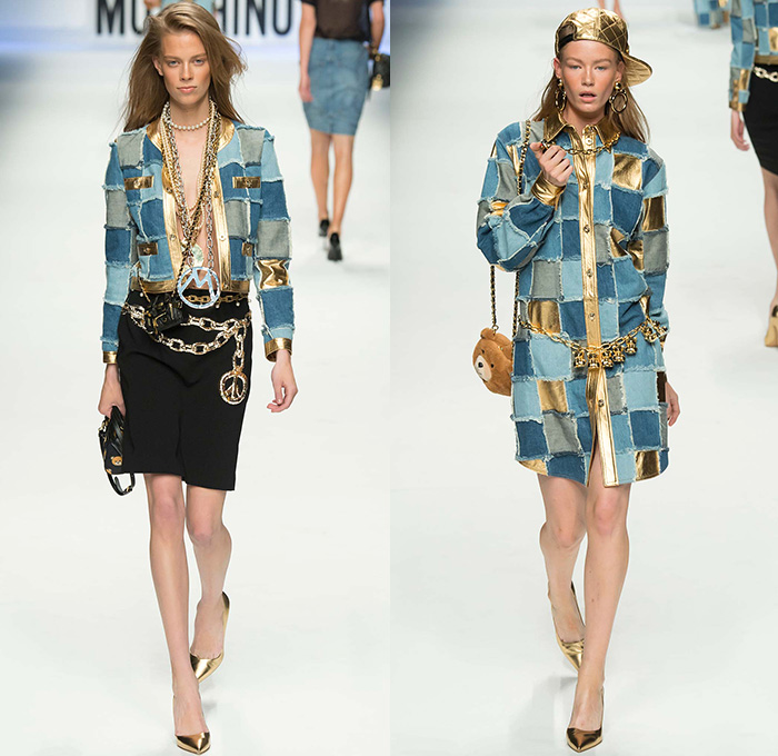 Moschino with Designer Jeremy Scott 2015-2016 Fall Autumn Winter Womens Runway Catwalk Looks - Milano Moda Donna Collezione Milan Fashion Week Italy - Reverse Denim Jeans Patchwork Puffer Quilted Jumpsuit Looney Tunes Porky Pig Daffy Duck Bugs Bunny Sylvester Foghorn Leghorn Tasmanian Devil Taz Teddy Bear Jumpsuit Overalls Romper Gold Crop Top Midriff Chain Shirtdress Camo Graffiti Jogger Sweatpants Outerwear Coat Parka