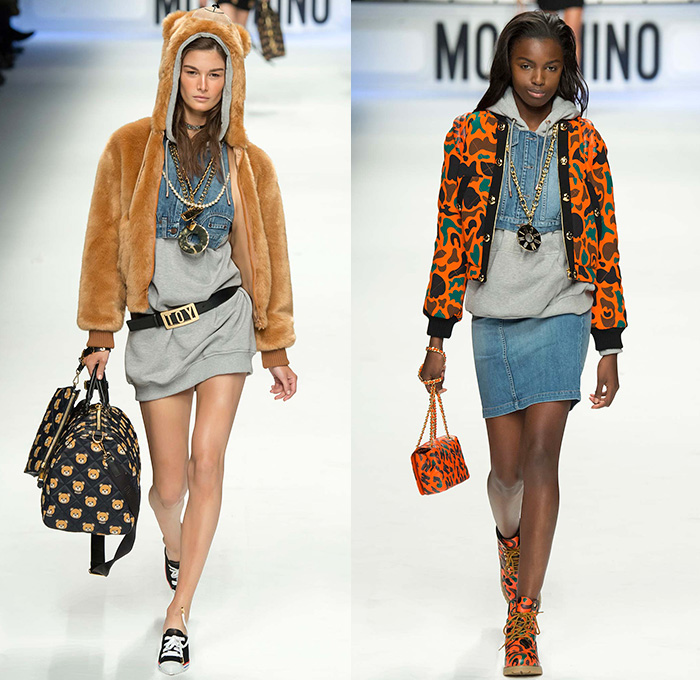 Moschino with Designer Jeremy Scott 2015-2016 Fall Autumn Winter Womens Runway Catwalk Looks - Milano Moda Donna Collezione Milan Fashion Week Italy - Reverse Denim Jeans Patchwork Puffer Quilted Jumpsuit Looney Tunes Porky Pig Daffy Duck Bugs Bunny Sylvester Foghorn Leghorn Tasmanian Devil Taz Teddy Bear Jumpsuit Overalls Romper Gold Crop Top Midriff Chain Shirtdress Camo Graffiti Jogger Sweatpants Outerwear Coat Parka