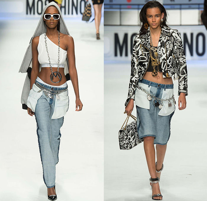 Moschino with Designer Jeremy Scott 2015-2016 Fall Autumn Winter Womens Runway Catwalk Looks - Milano Moda Donna Collezione Milan Fashion Week Italy - Reverse Denim Jeans Patchwork Puffer Quilted Jumpsuit Looney Tunes Porky Pig Daffy Duck Bugs Bunny Sylvester Foghorn Leghorn Tasmanian Devil Taz Teddy Bear Jumpsuit Overalls Romper Gold Crop Top Midriff Chain Shirtdress Camo Graffiti Jogger Sweatpants Outerwear Coat Parka