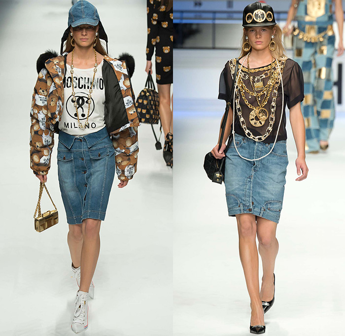 Moschino with Designer Jeremy Scott 2015-2016 Fall Autumn Winter Womens Runway Catwalk Looks - Milano Moda Donna Collezione Milan Fashion Week Italy - Reverse Denim Jeans Patchwork Puffer Quilted Jumpsuit Looney Tunes Porky Pig Daffy Duck Bugs Bunny Sylvester Foghorn Leghorn Tasmanian Devil Taz Teddy Bear Jumpsuit Overalls Romper Gold Crop Top Midriff Chain Shirtdress Camo Graffiti Jogger Sweatpants Outerwear Coat Parka