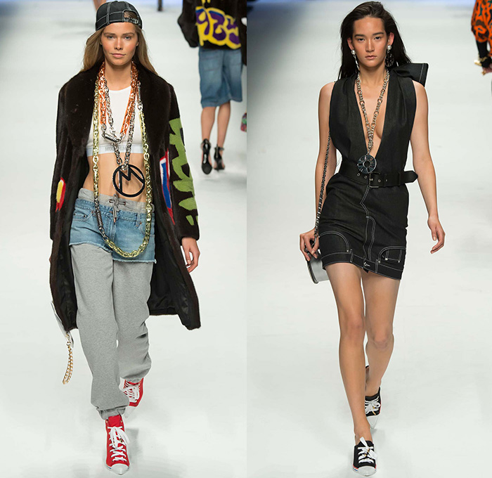 Moschino with Designer Jeremy Scott 2015-2016 Fall Autumn Winter Womens Runway Catwalk Looks - Milano Moda Donna Collezione Milan Fashion Week Italy - Reverse Denim Jeans Patchwork Puffer Quilted Jumpsuit Looney Tunes Porky Pig Daffy Duck Bugs Bunny Sylvester Foghorn Leghorn Tasmanian Devil Taz Teddy Bear Jumpsuit Overalls Romper Gold Crop Top Midriff Chain Shirtdress Camo Graffiti Jogger Sweatpants Outerwear Coat Parka