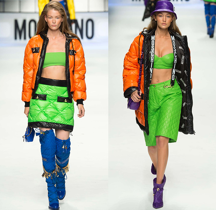 Moschino with Designer Jeremy Scott 2015-2016 Fall Autumn Winter Womens Runway Catwalk Looks - Milano Moda Donna Collezione Milan Fashion Week Italy - Reverse Denim Jeans Patchwork Puffer Quilted Jumpsuit Looney Tunes Porky Pig Daffy Duck Bugs Bunny Sylvester Foghorn Leghorn Tasmanian Devil Taz Teddy Bear Jumpsuit Overalls Romper Gold Crop Top Midriff Chain Shirtdress Camo Graffiti Jogger Sweatpants Outerwear Coat Parka