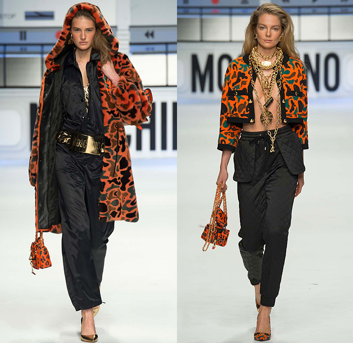 Moschino with Designer Jeremy Scott 2015-2016 Fall Autumn Winter Womens Runway Catwalk Looks - Milano Moda Donna Collezione Milan Fashion Week Italy - Reverse Denim Jeans Patchwork Puffer Quilted Jumpsuit Looney Tunes Porky Pig Daffy Duck Bugs Bunny Sylvester Foghorn Leghorn Tasmanian Devil Taz Teddy Bear Jumpsuit Overalls Romper Gold Crop Top Midriff Chain Shirtdress Camo Graffiti Jogger Sweatpants Outerwear Coat Parka