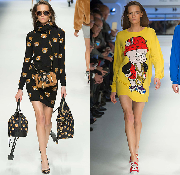 Moschino with Designer Jeremy Scott 2015-2016 Fall Autumn Winter Womens Runway Catwalk Looks - Milano Moda Donna Collezione Milan Fashion Week Italy - Reverse Denim Jeans Patchwork Puffer Quilted Jumpsuit Looney Tunes Porky Pig Daffy Duck Bugs Bunny Sylvester Foghorn Leghorn Tasmanian Devil Taz Teddy Bear Jumpsuit Overalls Romper Gold Crop Top Midriff Chain Shirtdress Camo Graffiti Jogger Sweatpants Outerwear Coat Parka