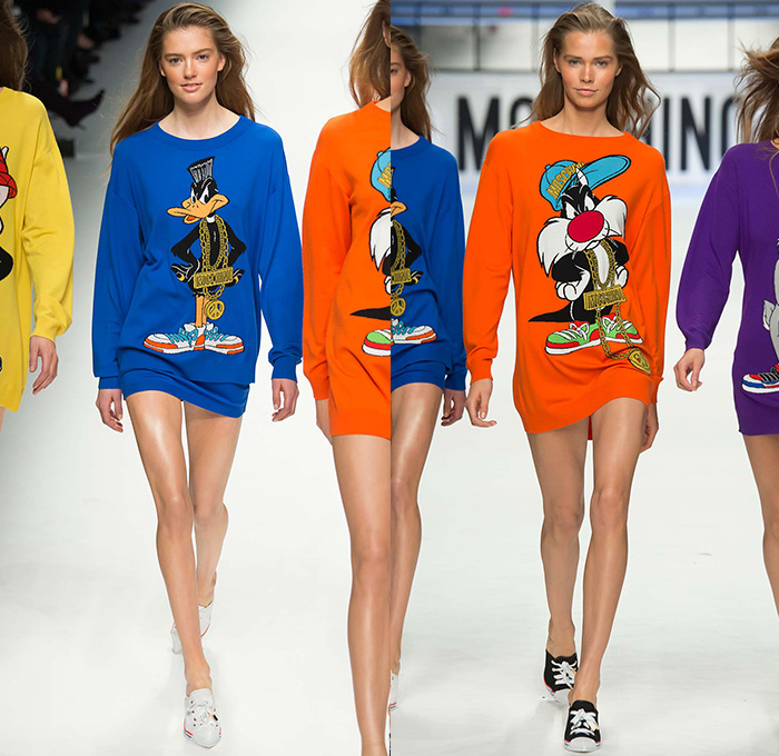 Moschino with Designer Jeremy Scott 2015-2016 Fall Autumn Winter Womens Runway Catwalk Looks - Milano Moda Donna Collezione Milan Fashion Week Italy - Reverse Denim Jeans Patchwork Puffer Quilted Jumpsuit Looney Tunes Porky Pig Daffy Duck Bugs Bunny Sylvester Foghorn Leghorn Tasmanian Devil Taz Teddy Bear Jumpsuit Overalls Romper Gold Crop Top Midriff Chain Shirtdress Camo Graffiti Jogger Sweatpants Outerwear Coat Parka