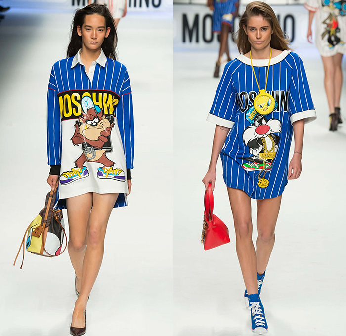 Moschino with Designer Jeremy Scott 2015-2016 Fall Autumn Winter Womens Runway Catwalk Looks - Milano Moda Donna Collezione Milan Fashion Week Italy - Reverse Denim Jeans Patchwork Puffer Quilted Jumpsuit Looney Tunes Porky Pig Daffy Duck Bugs Bunny Sylvester Foghorn Leghorn Tasmanian Devil Taz Teddy Bear Jumpsuit Overalls Romper Gold Crop Top Midriff Chain Shirtdress Camo Graffiti Jogger Sweatpants Outerwear Coat Parka