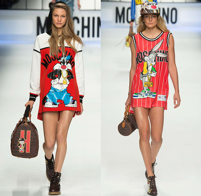 Moschino with Designer Jeremy Scott 2015-2016 Fall Autumn Winter Womens Runway Catwalk Looks - Milano Moda Donna Collezione Milan Fashion Week Italy - Reverse Denim Jeans Patchwork Puffer Quilted Jumpsuit Looney Tunes Porky Pig Daffy Duck Bugs Bunny Sylvester Foghorn Leghorn Tasmanian Devil Taz Teddy Bear Jumpsuit Overalls Romper Gold Crop Top Midriff Chain Shirtdress Camo Graffiti Jogger Sweatpants Outerwear Coat Parka