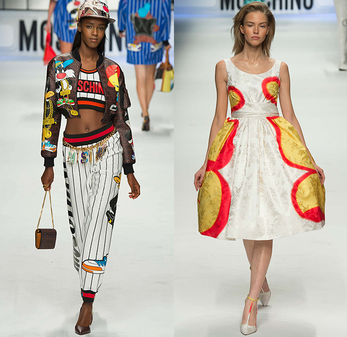 Moschino with Designer Jeremy Scott 2015-2016 Fall Autumn Winter Womens Runway Catwalk Looks - Milano Moda Donna Collezione Milan Fashion Week Italy - Reverse Denim Jeans Patchwork Puffer Quilted Jumpsuit Looney Tunes Porky Pig Daffy Duck Bugs Bunny Sylvester Foghorn Leghorn Tasmanian Devil Taz Teddy Bear Jumpsuit Overalls Romper Gold Crop Top Midriff Chain Shirtdress Camo Graffiti Jogger Sweatpants Outerwear Coat Parka