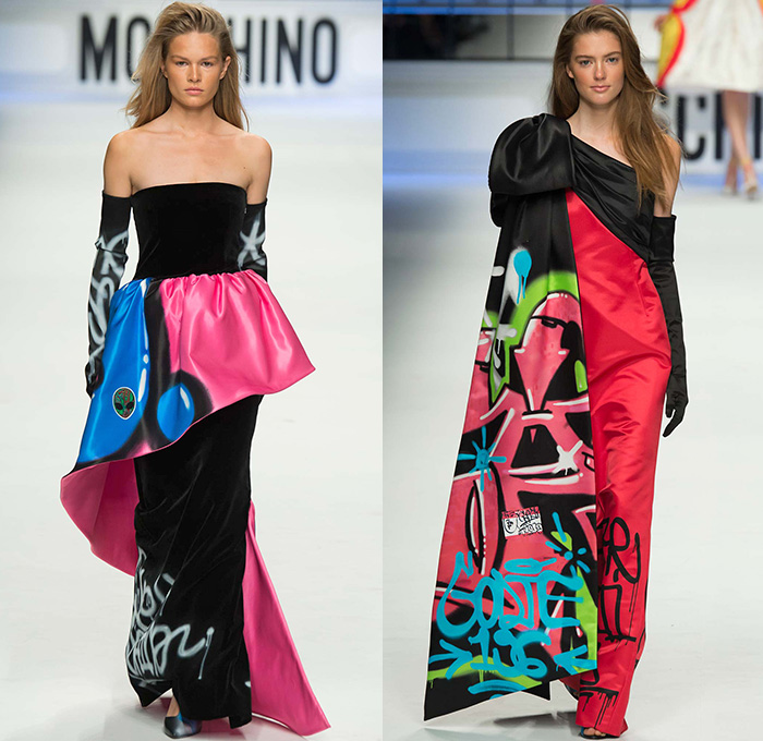 Moschino with Designer Jeremy Scott 2015-2016 Fall Autumn Winter Womens Runway Catwalk Looks - Milano Moda Donna Collezione Milan Fashion Week Italy - Reverse Denim Jeans Patchwork Puffer Quilted Jumpsuit Looney Tunes Porky Pig Daffy Duck Bugs Bunny Sylvester Foghorn Leghorn Tasmanian Devil Taz Teddy Bear Jumpsuit Overalls Romper Gold Crop Top Midriff Chain Shirtdress Camo Graffiti Jogger Sweatpants Outerwear Coat Parka